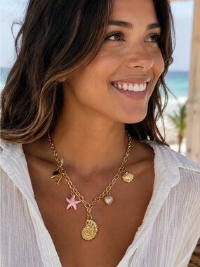 18K Gold Plated Shell Pink Starfish Heart Dolphin Necklace Coastal Jewelry NEW